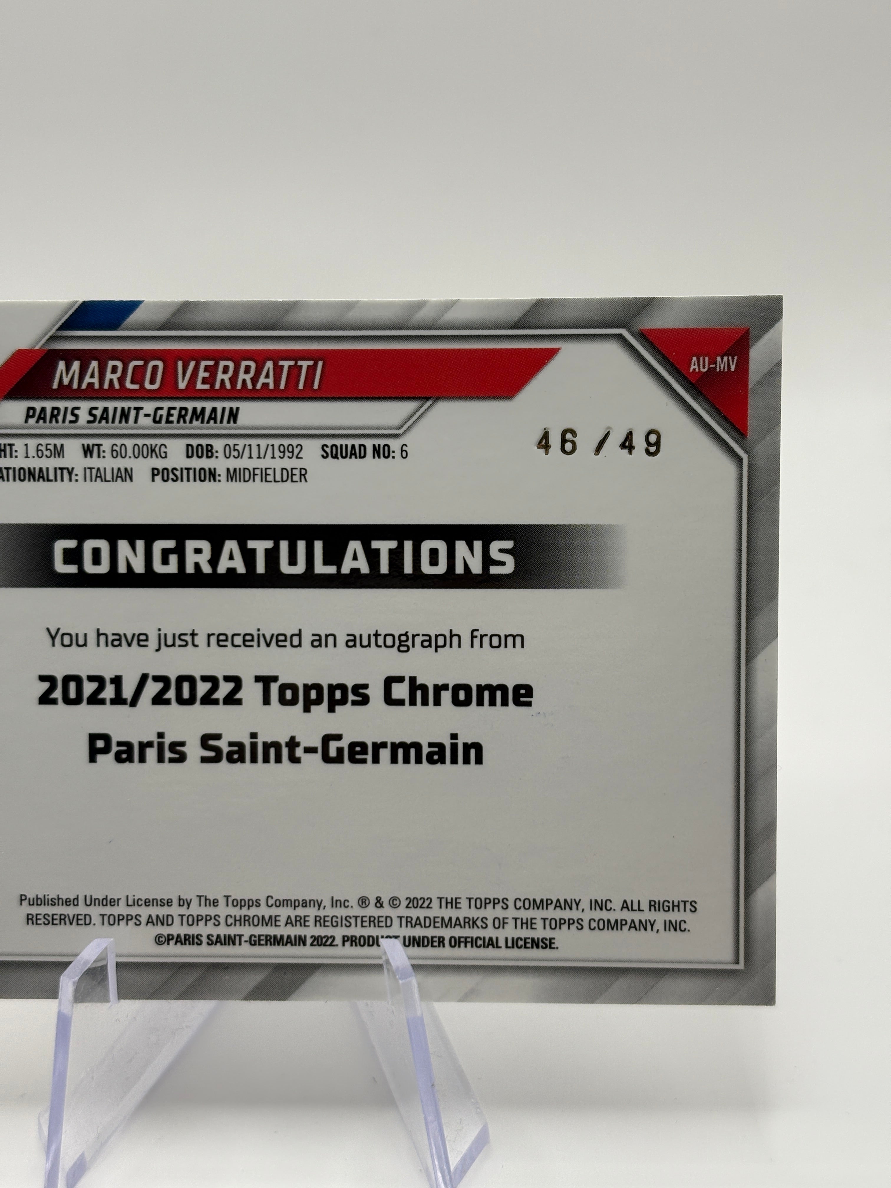 2021-22 Chrome Paris Saint-Germain Wave Refractor /49 Marco Verratti Auto FRENLY BRICKS - Open 7 Days
